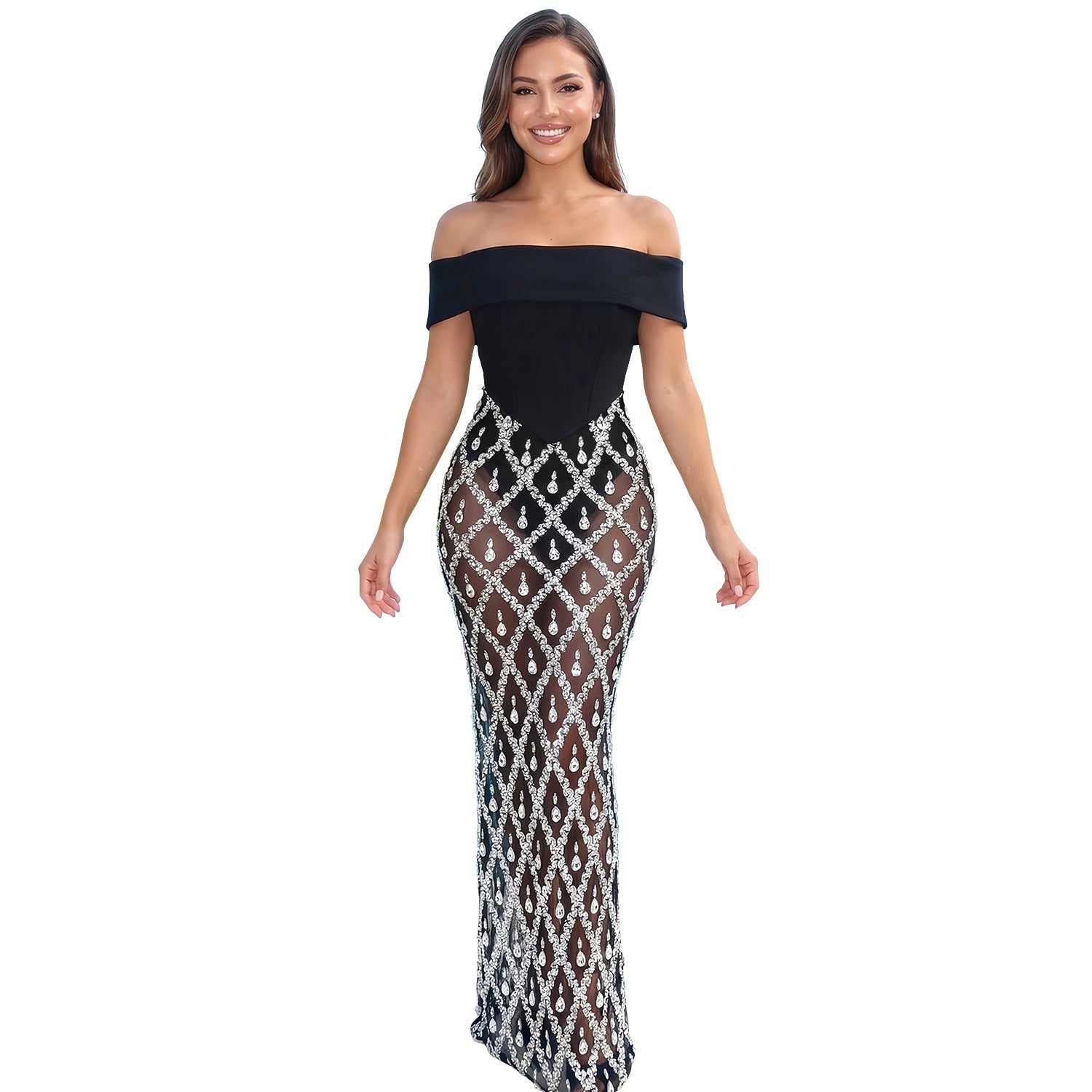 Women Clothing Sexy off the Shoulder Tube Top Fishtail Dress Rhinestone Party Dress