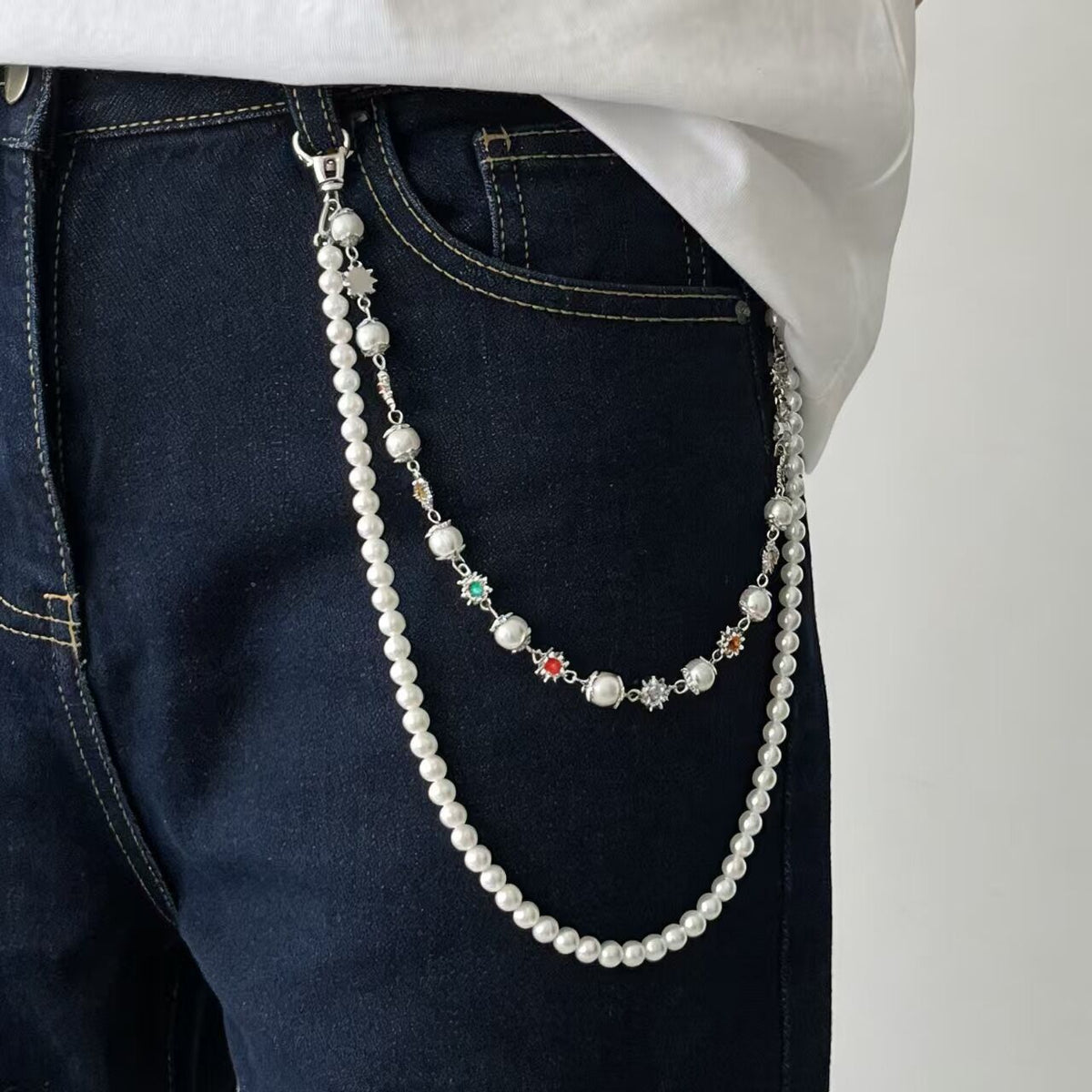 Vintage Multi-Layer Cross Pendant Pearl Flower Color Waist Chain Fashion Pants Chain