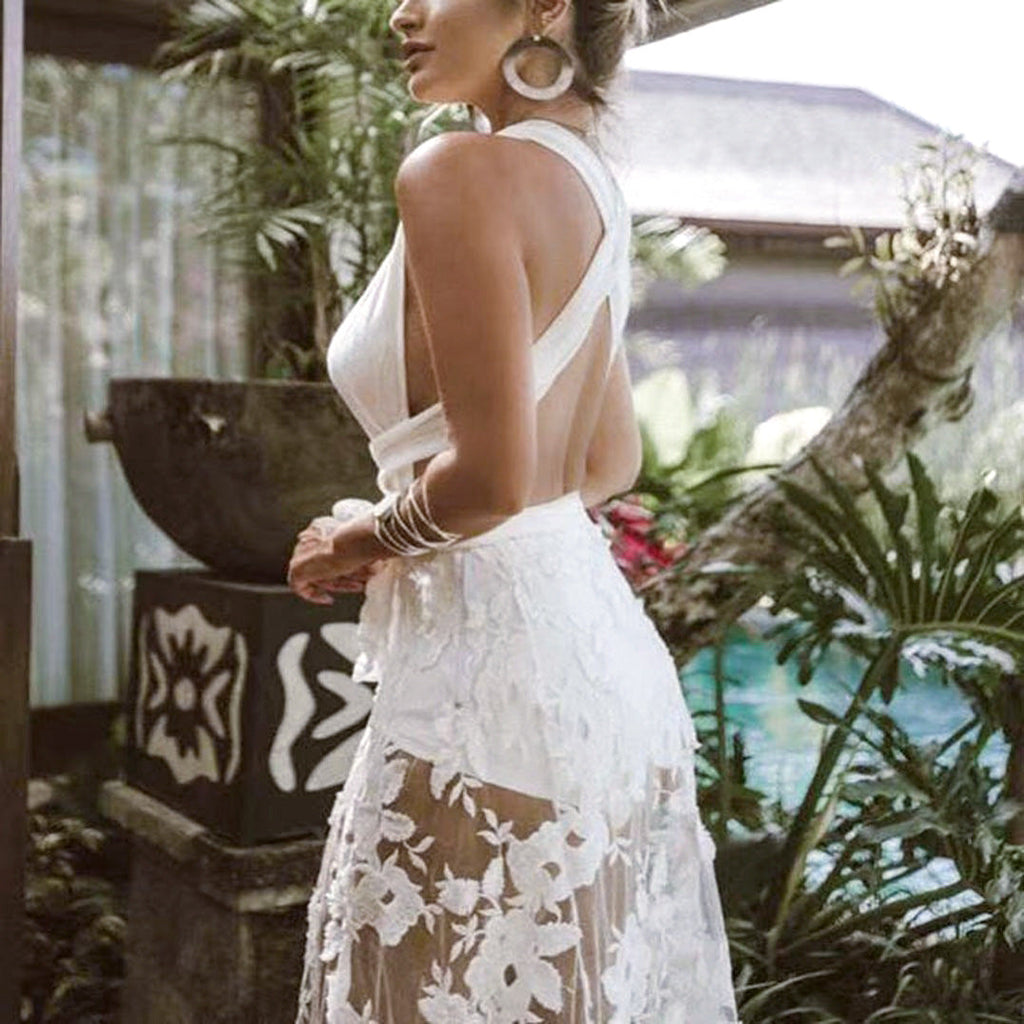 Spring Summer Women Clothes Dress Sexy Lace Cutout Backless Beach Maxi Dress