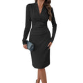 Black Cross V neck Pleated Slim Waist Dress Elegant Midi Dress