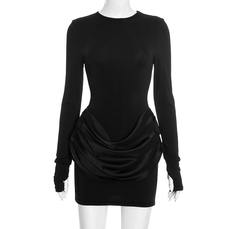 Women Clothing Autumn Winter Solid Color Elegant Casual Slim Fit round Neck Long Sleeves Pleated Short Dress