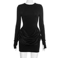 Women Clothing Autumn Winter Solid Color Elegant Casual Slim Fit round Neck Long Sleeves Pleated Short Dress