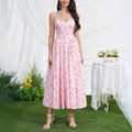 Vacation Low Collar Slip Dress Sexy Backless Lace up Waist Slimming Printed Pleated Midi Dress