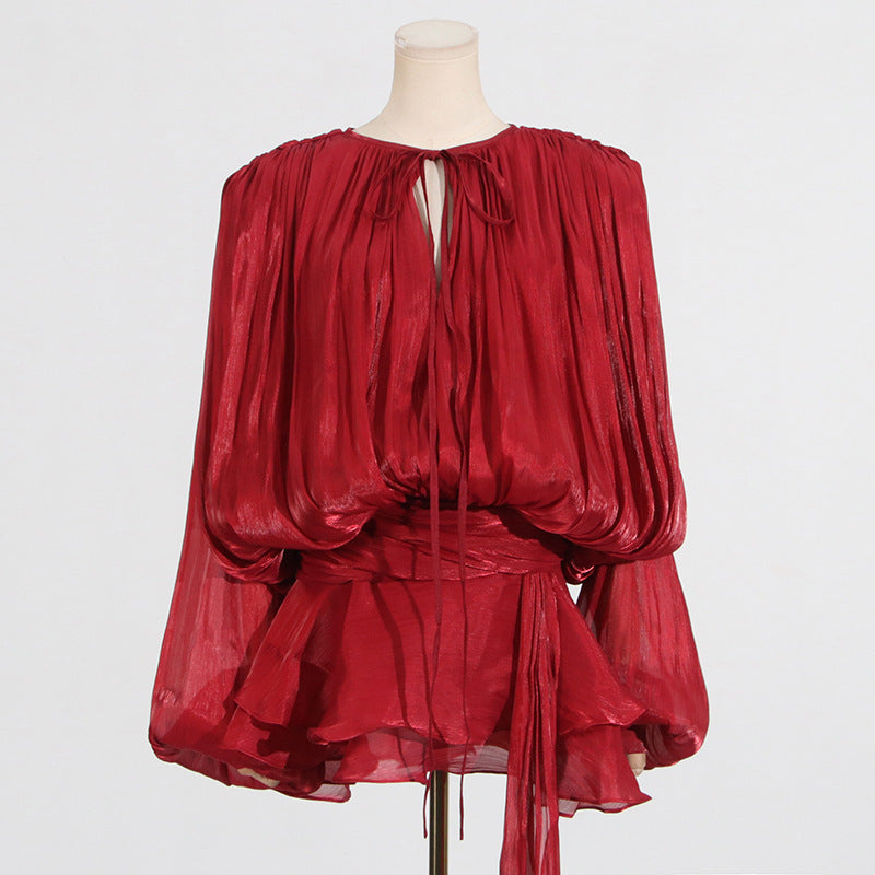 Puff Sleeve Lotus Leaf dress Early Spring Pleated Design Short Mesh Dress Women