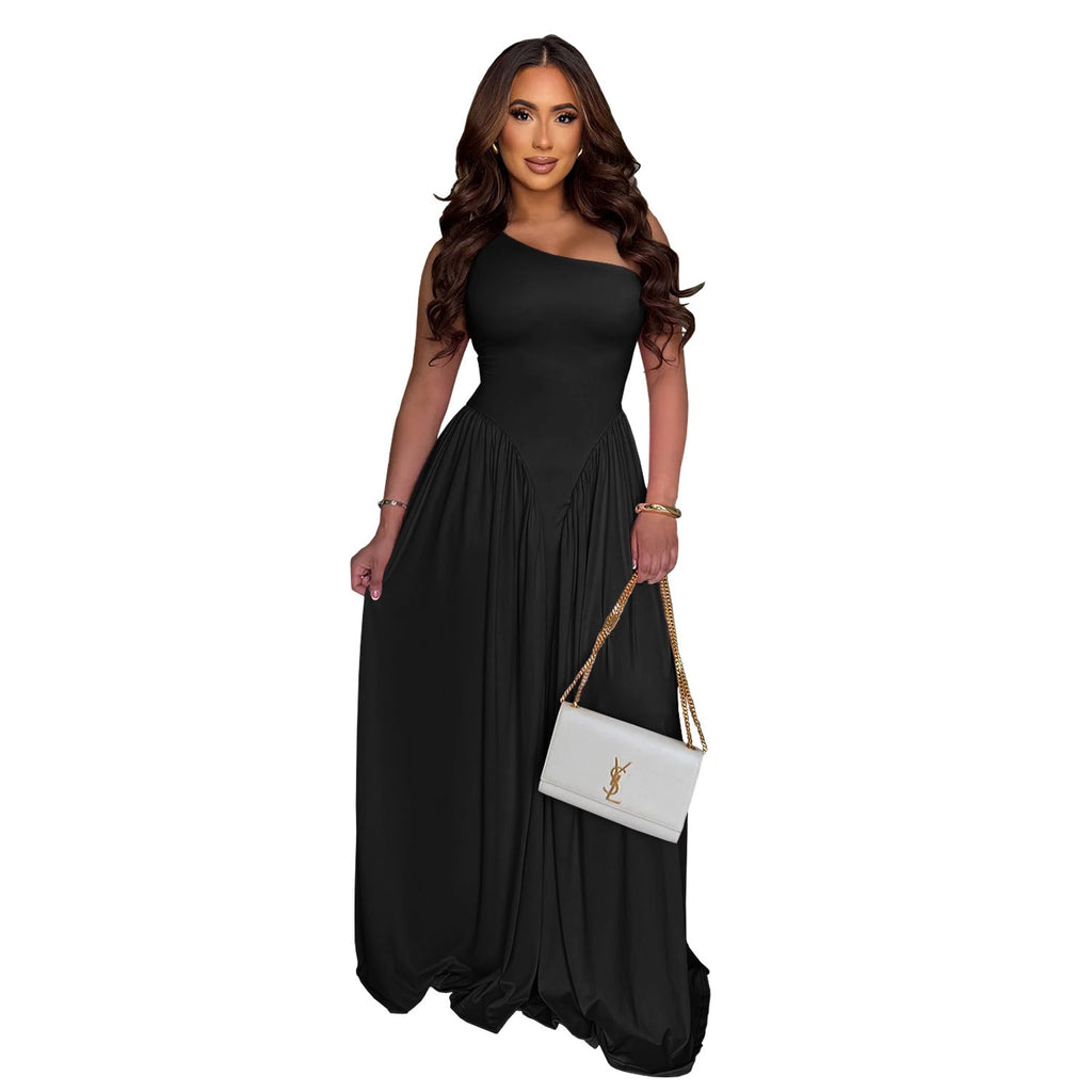 Women Wear Waist Controlled Backless Slim Fit Sloping Shoulder Dress