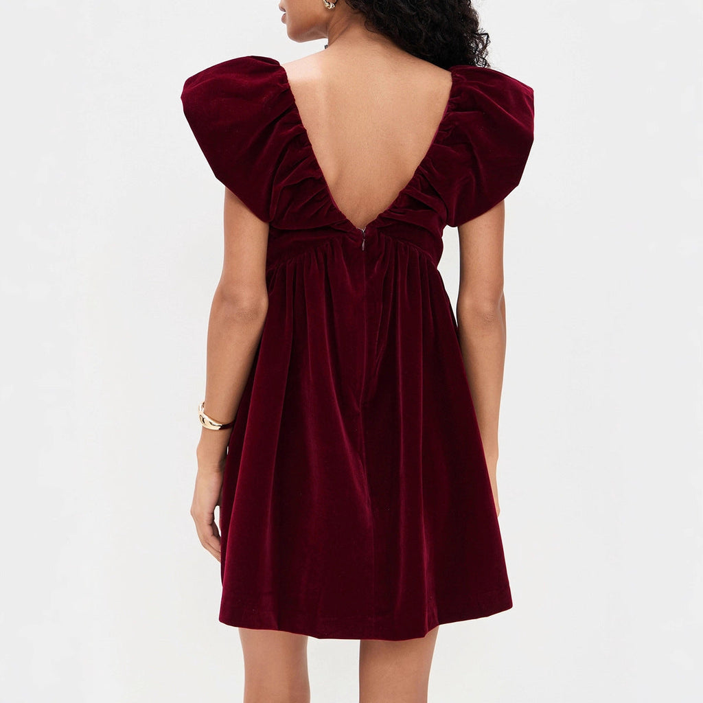 Autumn Winter V neck Bow Pleuche Party Women Dress