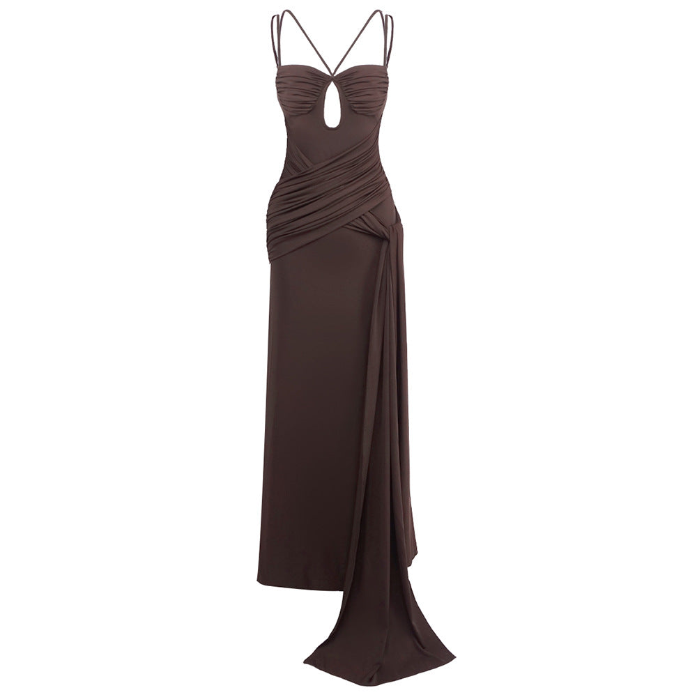 Dress Sexy Slim Fit Maxi Dress Backless Brown Pleating Ribbon Dress