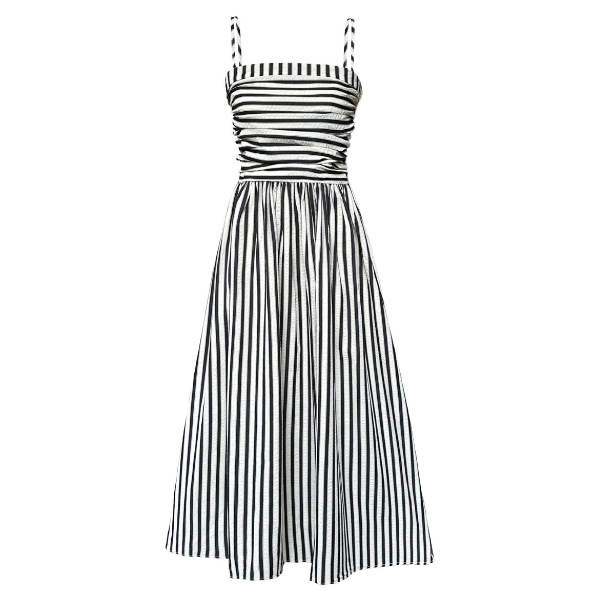 French Striped Bandeau Sling Dress Women High Grade off the Shoulder Pleated Waist Tight A line Long Summer