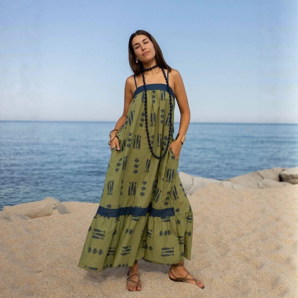 Dress Color Matching Print Holiday Large Swing Strap Dress for Women