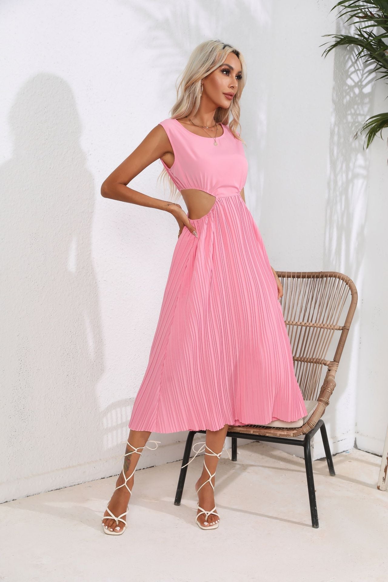 Hollowed Out Cropped Outfit Pleated Dress Sleeveless Swing Mid Length Vest Dress Women Women Clothing