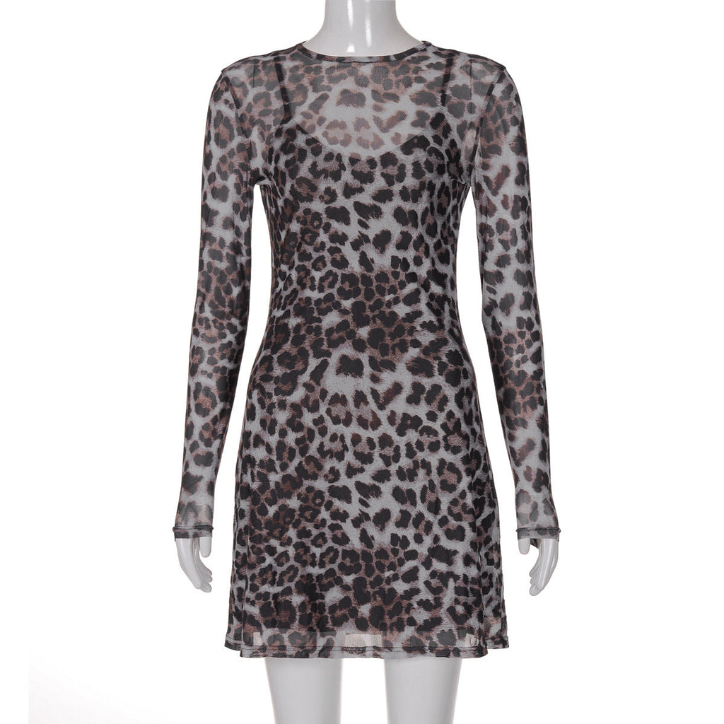 Women Autumn Personality Leopard Print Printed Mesh See through Dress