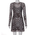 Women Autumn Personality Leopard Print Printed Mesh See through Dress