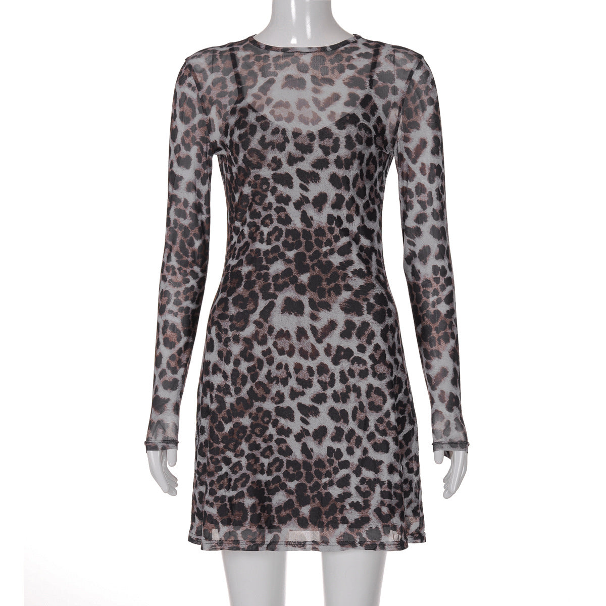 Women Autumn Personality Leopard Print Printed Mesh See through Dress