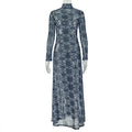 Women Clothing Slim Fit Printed Waist Controlled A line Dress Home Turtleneck Long Sleeve Breathable Dress