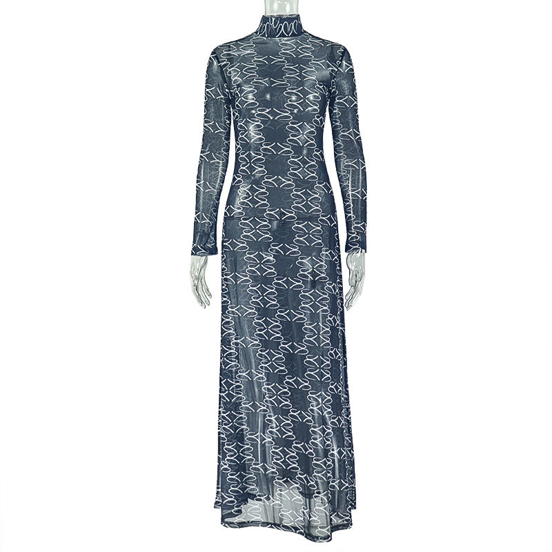 Women Clothing Slim Fit Printed Waist Controlled A line Dress Home Turtleneck Long Sleeve Breathable Dress