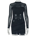Sexy See through Women Solid Color Chest Wrapped Pleated Hip Dress Mesh Turtleneck Long Sleeve Dress