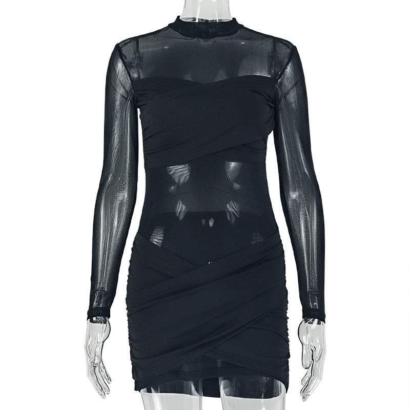 Sexy See through Women Solid Color Chest Wrapped Pleated Hip Dress Mesh Turtleneck Long Sleeve Dress