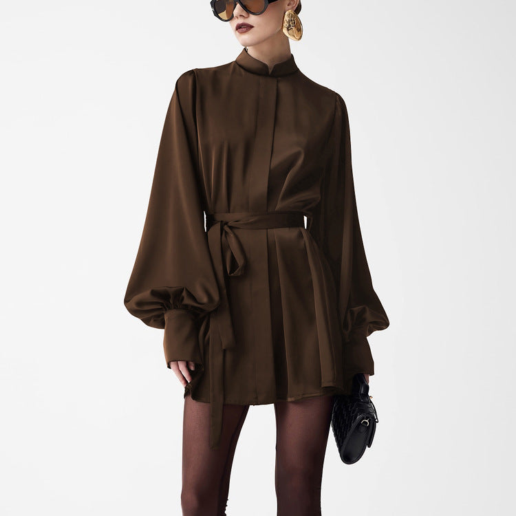 Women Clothing Autumn Stand up Collar Long Sleeved Lace up A line Short Dress