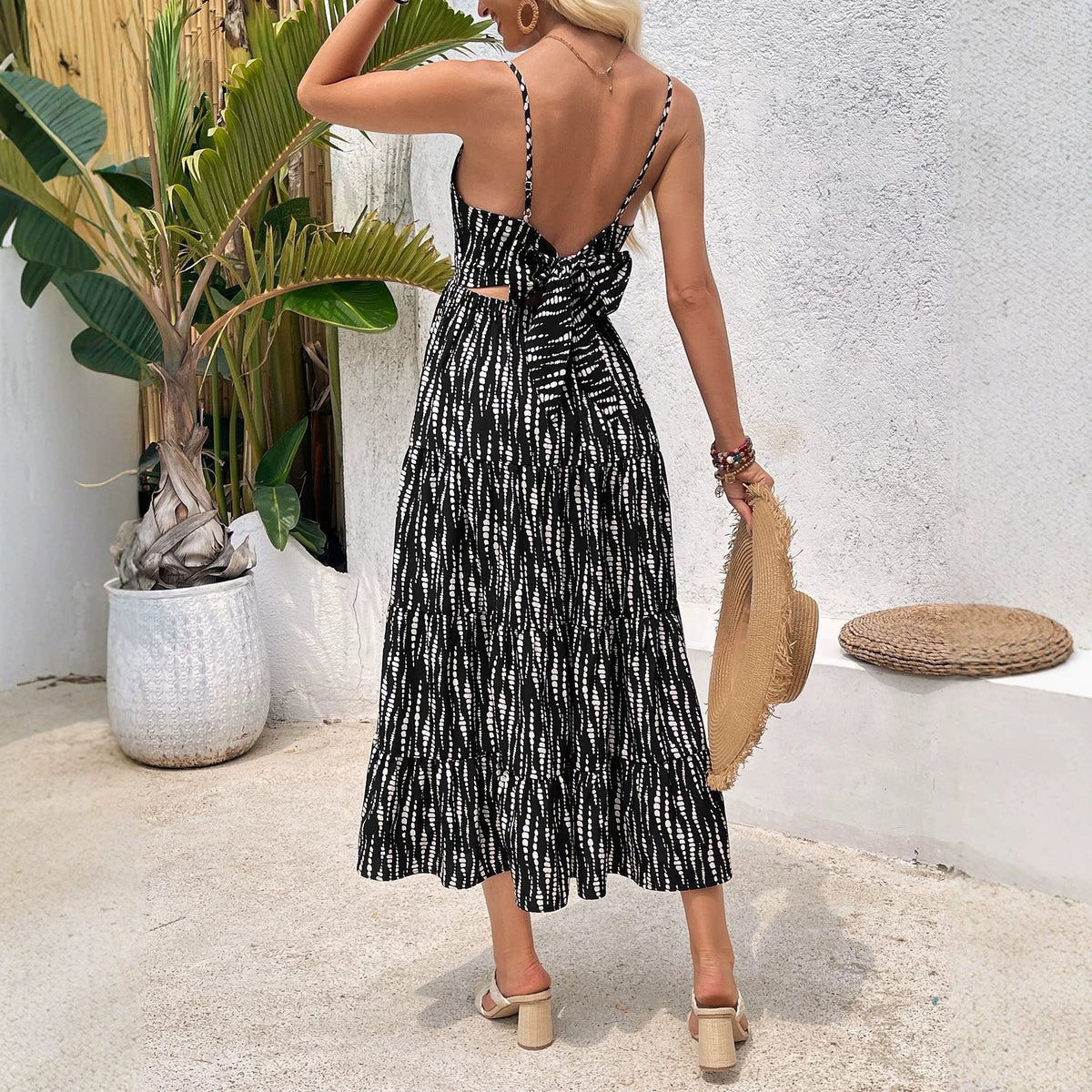 Summer Strap Backless Lace up Dress Striped Design Waist Slimming Vacation Dress