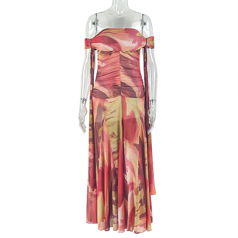 Women Clothing Loose Comfort Printing Pleated Cool Hip Dress Tube Top Diagonal Collar Holiday Maxi Dress