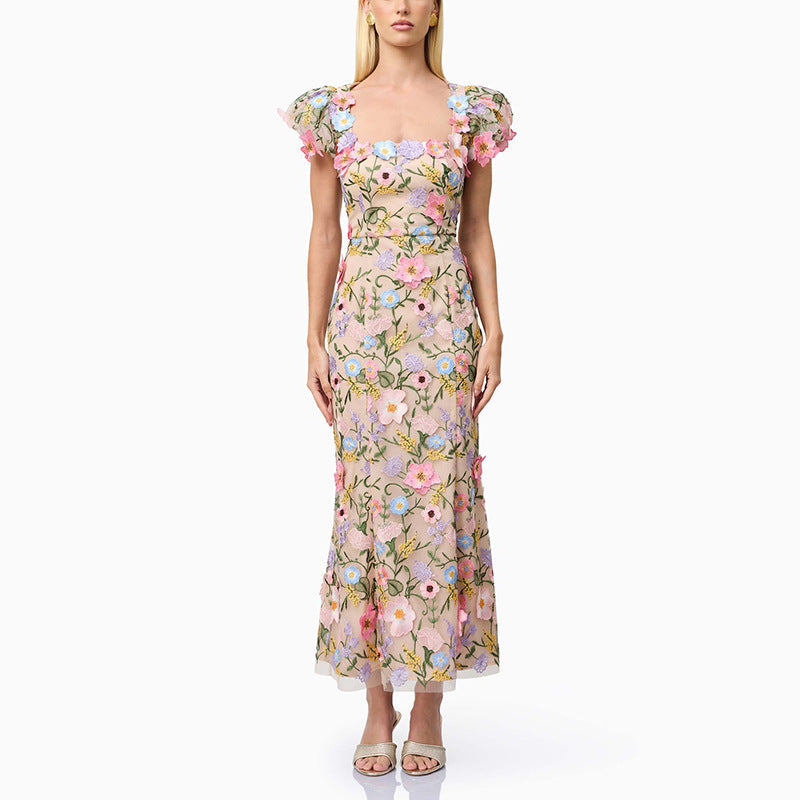 French Romantic Embroidered Design Square Collar Dress Three Dimensional Floral Slim Fit Maxi Dress Women Summer
