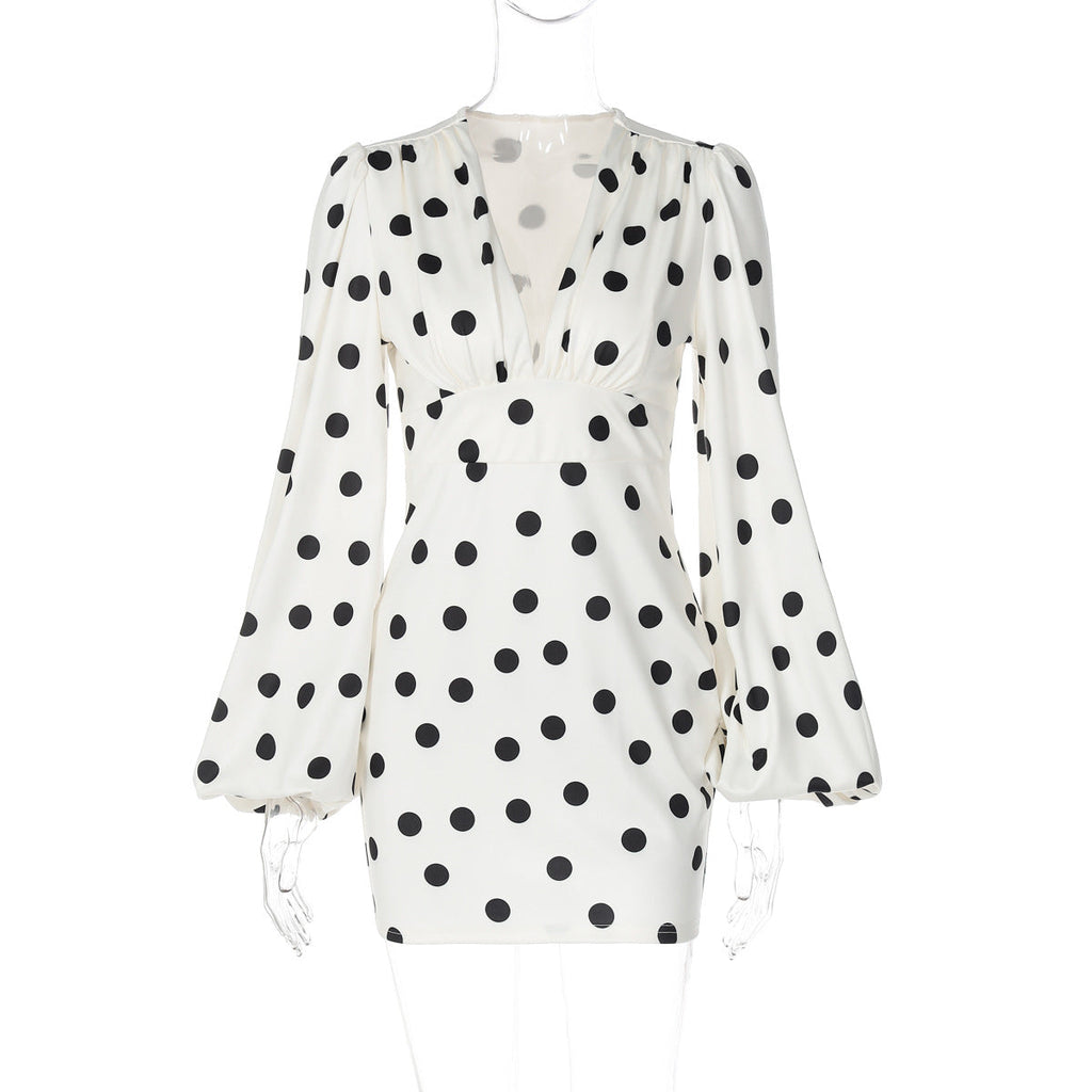 Polka Dot Printed Sexy Deep V Plunge neck Slim Fit Bell Sleeve Sheath Dress for Women