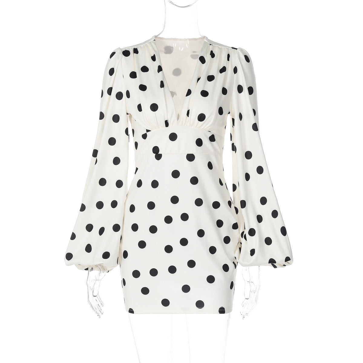 Polka Dot Printed Sexy Deep V Plunge neck Slim Fit Bell Sleeve Sheath Dress for Women