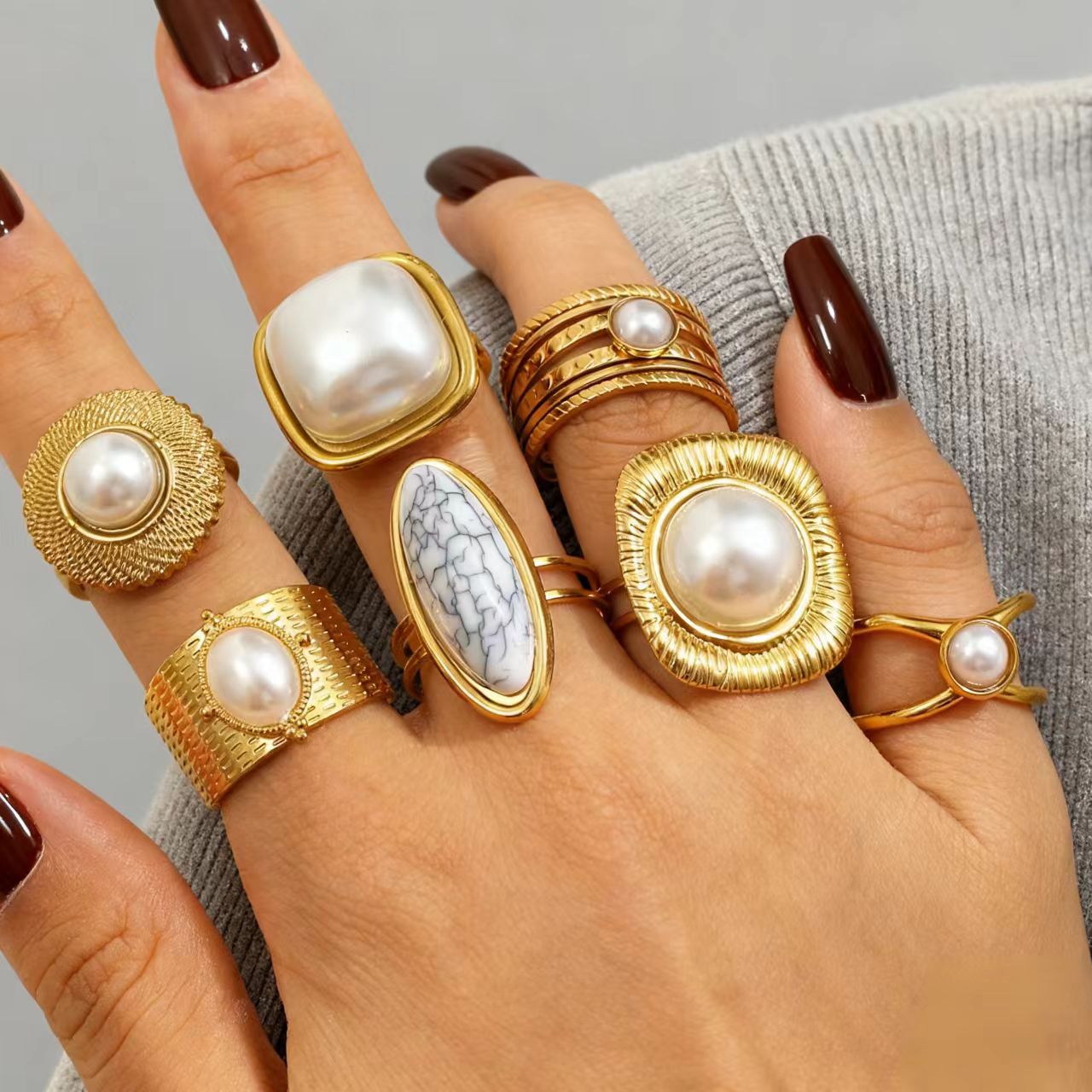 Adjustable Open Stainless Steel Pearl Ring, 18K Gold Plated Oval Baroque Ring