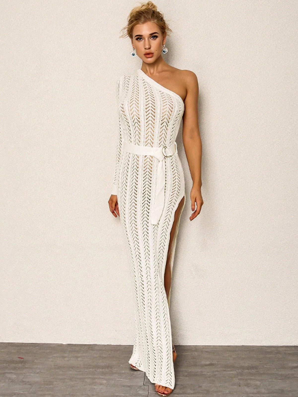 Women Wear Women Hollow Out Cutout out Single Sleeve High Slit Dress Sweater