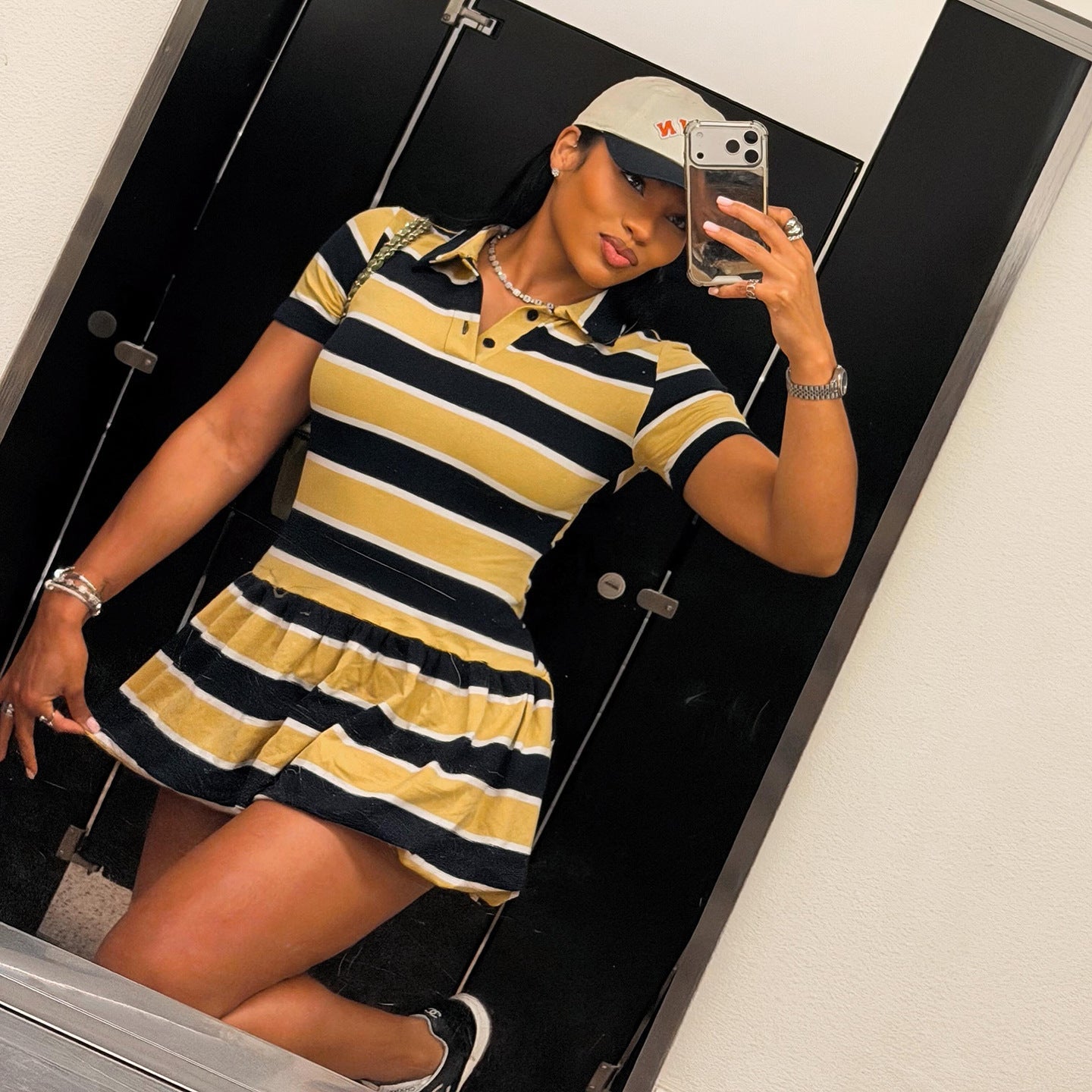 Summer Women Clothing Polo Collar Vintage Stripe Sports Short Sleeve Dress