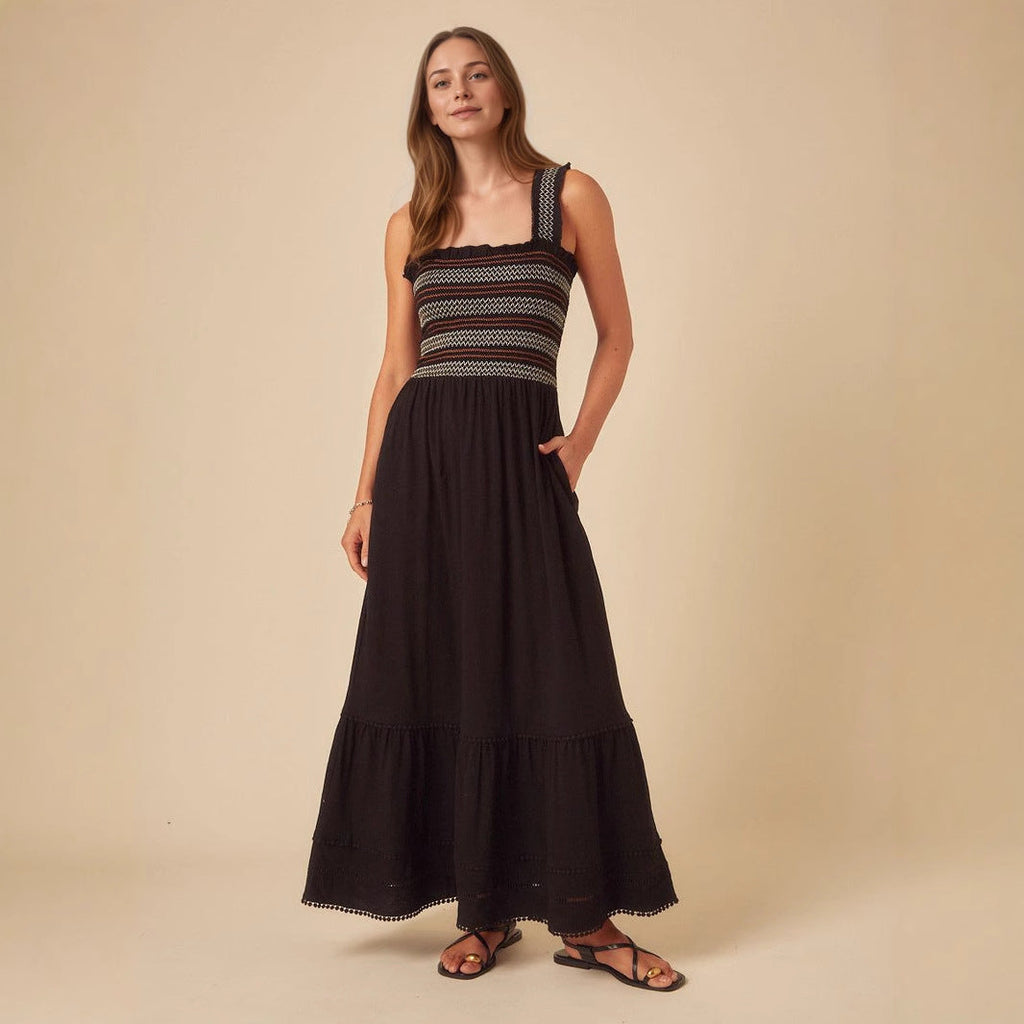 Women French Summer Vacation Smocking Braces Vest Stitching Dress Long