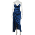 Autumn Socialite Elegant Sexy Slim Deep V Plunge Waist Satin Split Dress Women