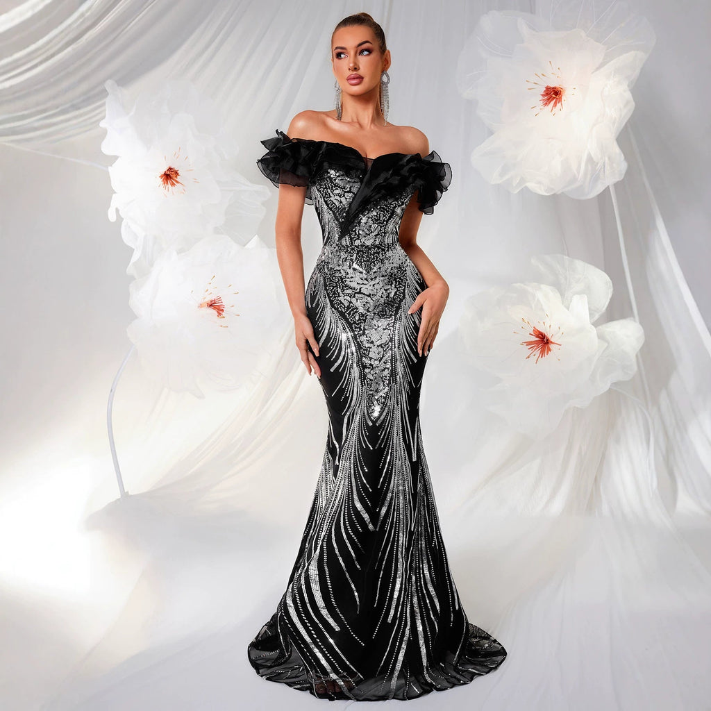 High End Affordable Luxury off Shoulder Ruffled Evening Dress Silver Sequined Slim Fit Slimming Dinner Party Fishtail Dress