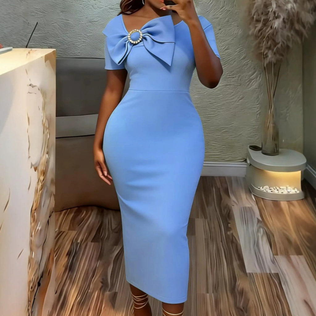 Round Neck Elegant Slim High Waist Dress Three-Dimensional Bow Applique Hip Dress