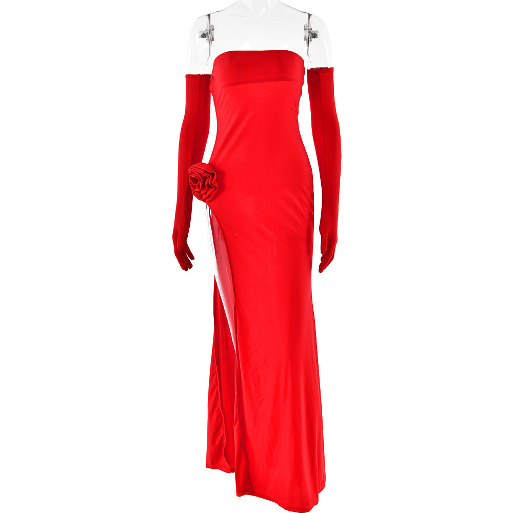Women Clothing Dress Sexy Tube Top Inlay Sleeveless Split Backless Dress