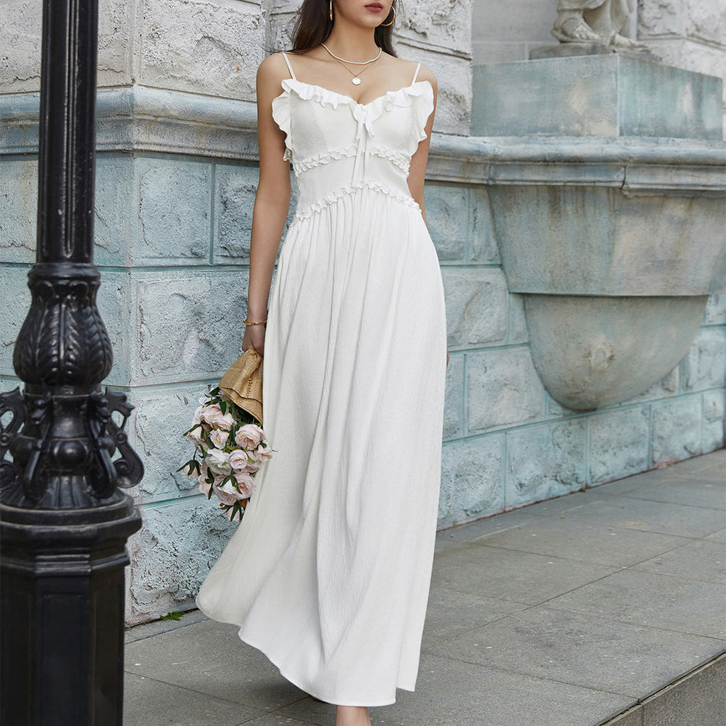 Summer Cool Ice Velvet Crepe Fabric Cami Dress Sexy V neck Flounce Decoration Slim Fit Maxi Dress