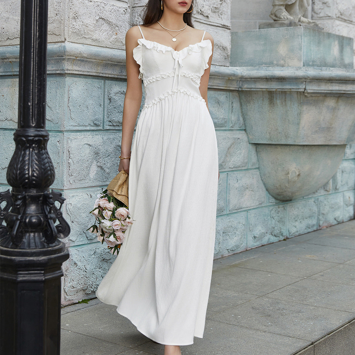 Summer Cool Ice Velvet Crepe Fabric Cami Dress Sexy V neck Flounce Decoration Slim Fit Maxi Dress