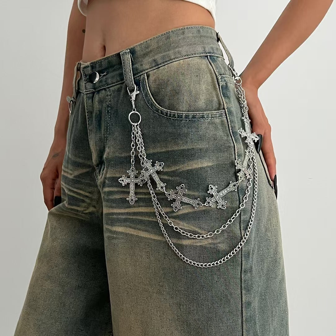 Vintage Multi-Layer Cross Pendant Pearl Flower Color Waist Chain Fashion Pants Chain