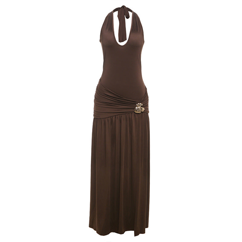 Women Clothing Summer Sexy Halter Strap Backless Slim Fit Fold Split Dress