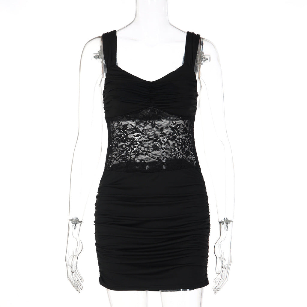 Women Clothing Short Summer Solid Color Sleeveless Sexy Lace Stitching Ruffle Hip Dress