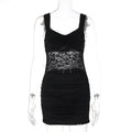 Women Clothing Short Summer Solid Color Sleeveless Sexy Lace Stitching Ruffle Hip Dress