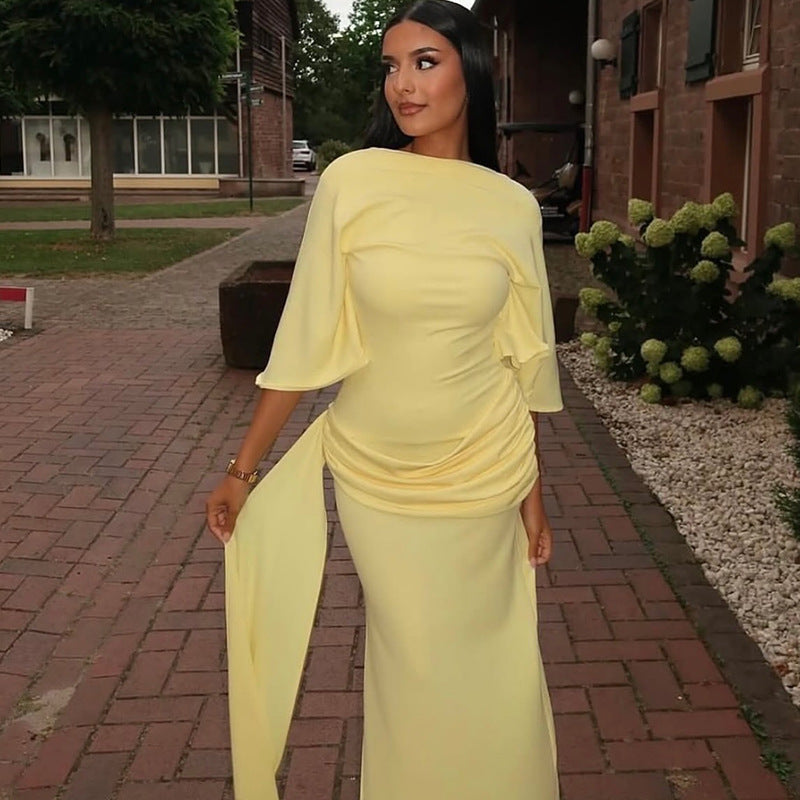 Women Clothing Backless Sexy Pleated Loose Hip Dress off Neck Lace up Split Maxi Dress