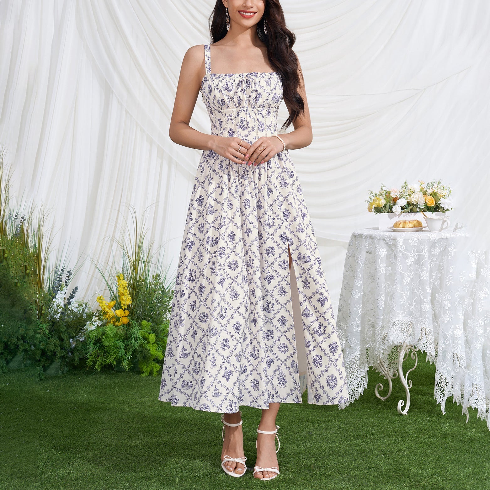 Printed Summer Slip Dress Sexy Backless Lace up Tight Waist High Slit Midi Dress