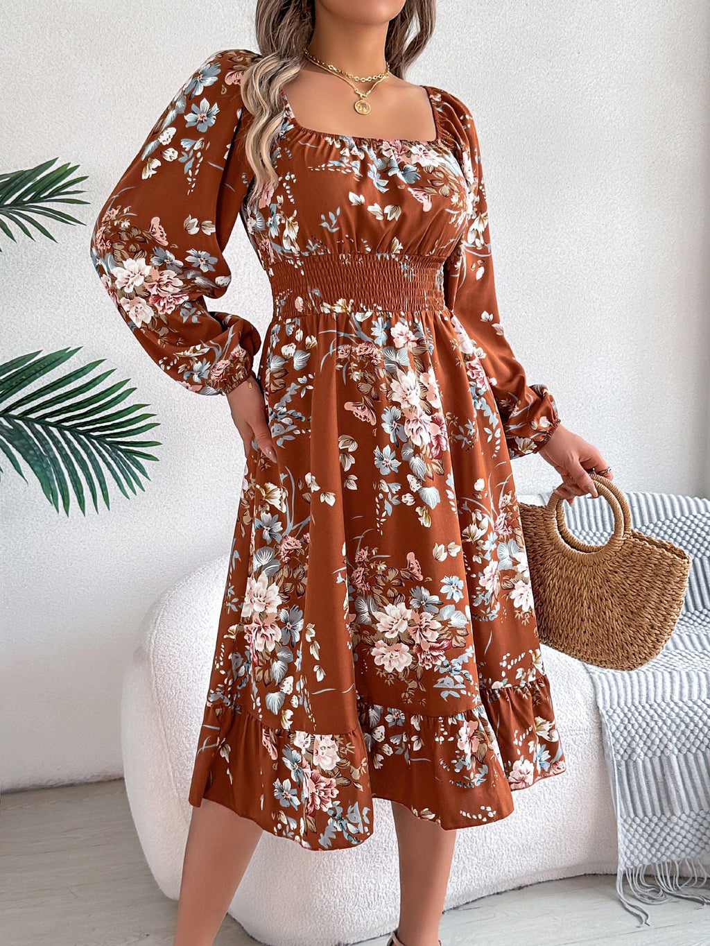 Spring Summer Elegant Floral Square Collar Long Sleeve Waist Trimming Ruffles A line Women Clothing