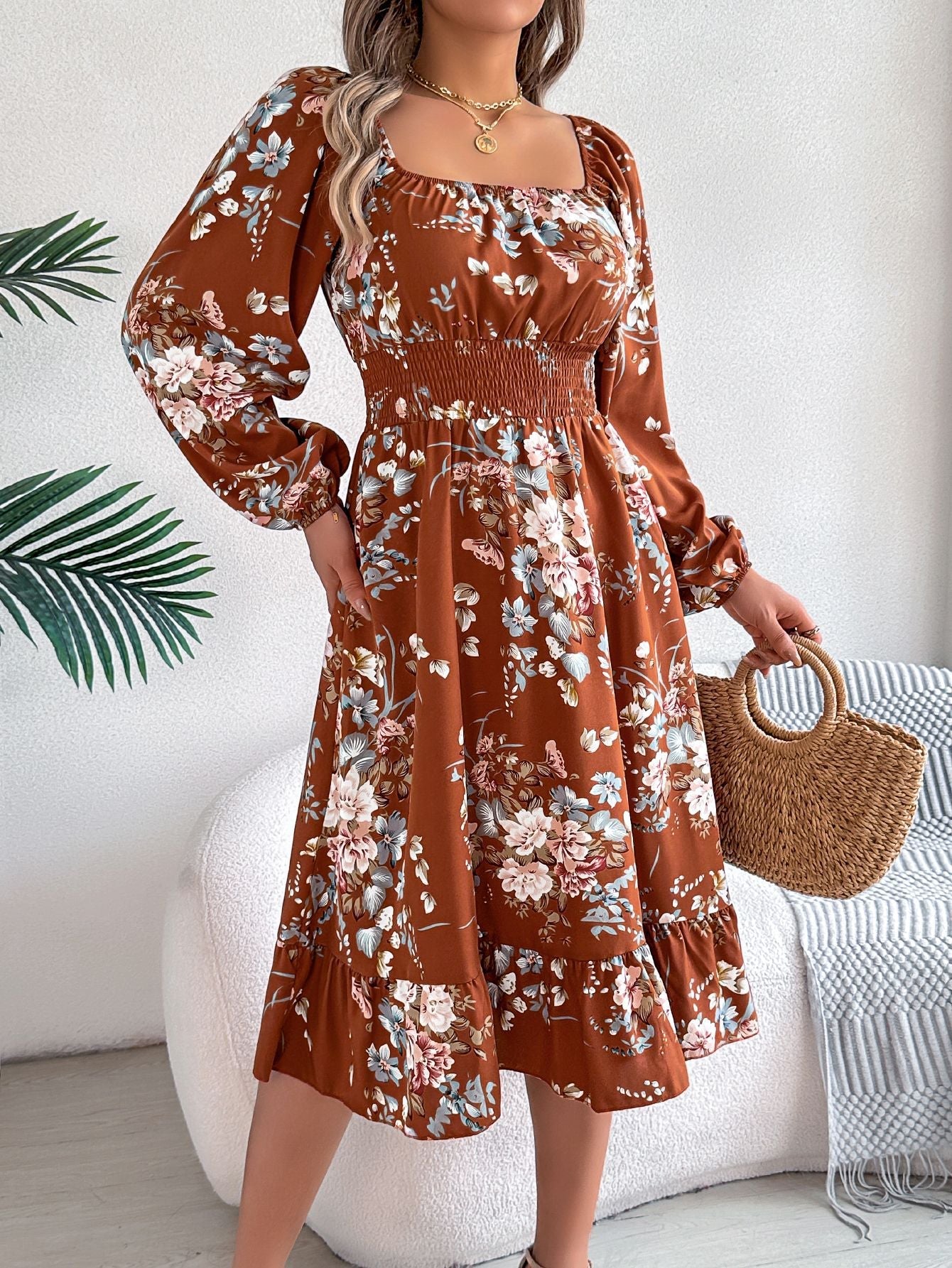 Spring Summer Elegant Floral Square Collar Long Sleeve Waist Trimming Ruffles A line Women Clothing