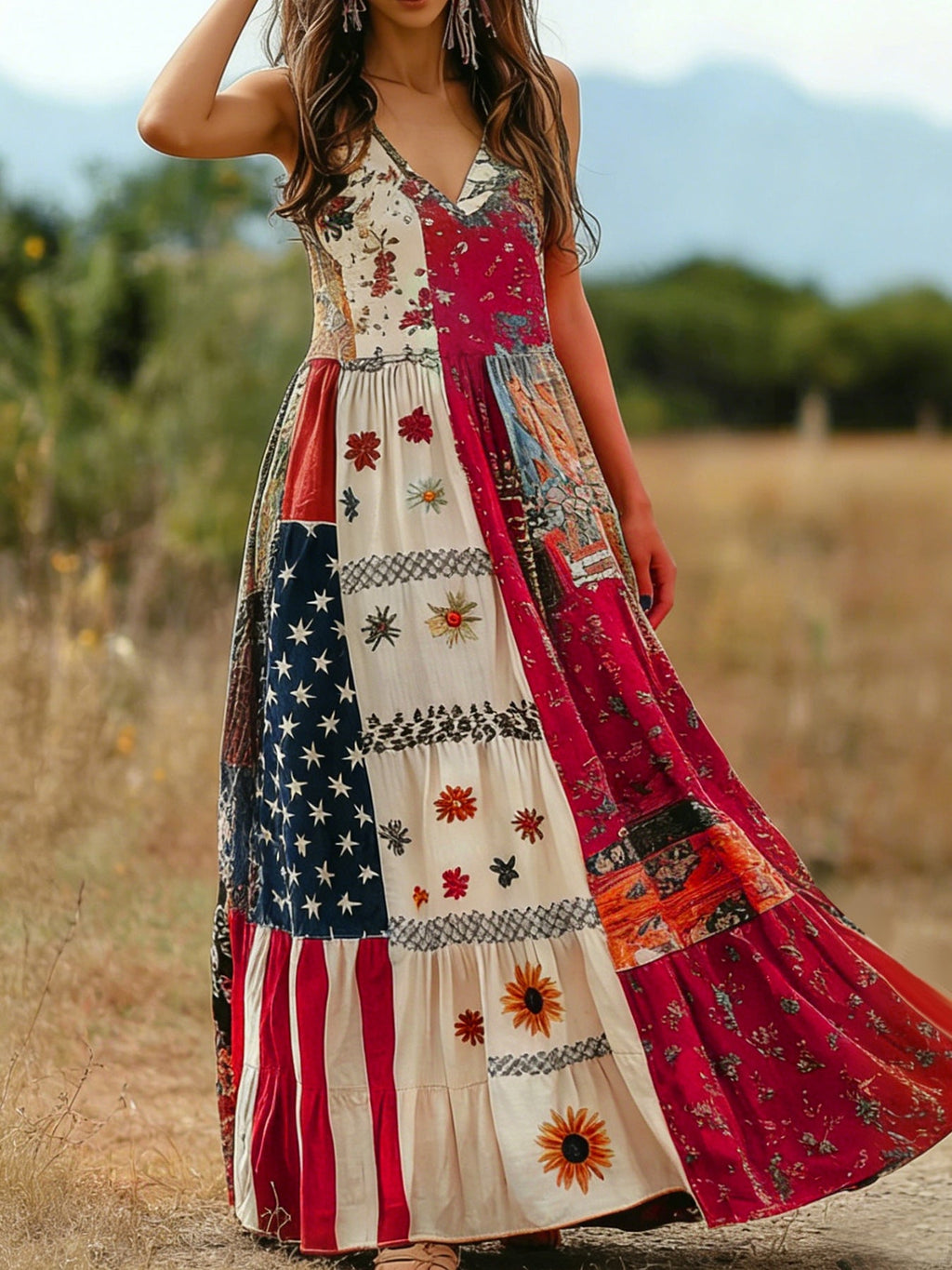 Retro Star Stripes Stitching Bohemian Dress Women Summer V neck Swing Vacation Dress