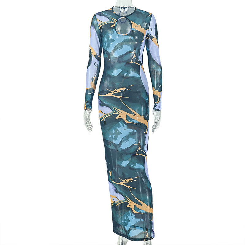 Retro Minority Women Clothing Hollow Out Cutout Shopping Hip Dress Hiking round Neck Long Sleeve Dress
