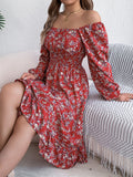 Autumn Winter Elegant Floral Square Collar Long Sleeve Waist Trimming Ruffles A line Women Clothing