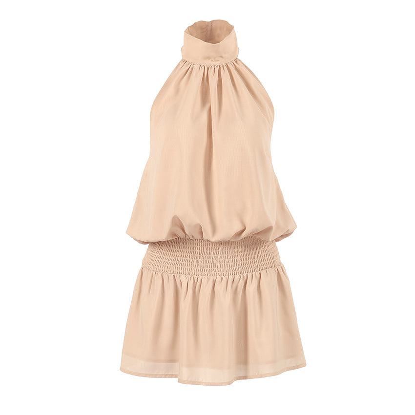 Summer Niche Design Elegant Elegant Apricot Color Halter Sleeveless Slim Fit Short Dress for Women