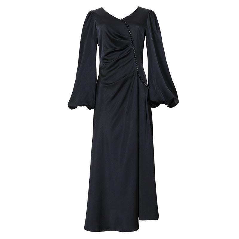 French Retro Lantern Sleeve V Neck Sexy Beaded Waist Slimming Glossy Satin Dress Women